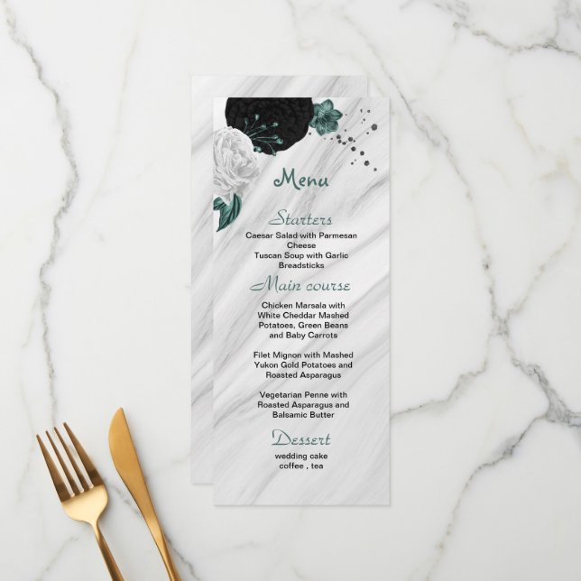 black white & teal blue flowers beautiful wedding  menu (Front/Back In Situ)