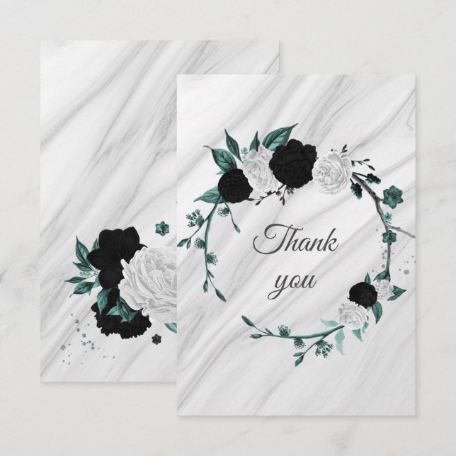 black white teal blue flowers botanical marble thank you card (Front/Back)