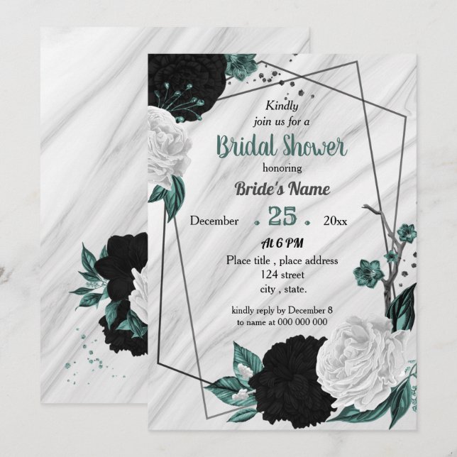 Black white teal blue geometric bridal shower invitation (Front/Back)