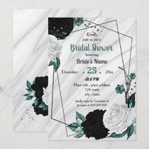 Black white teal blue geometric bridal shower invitation