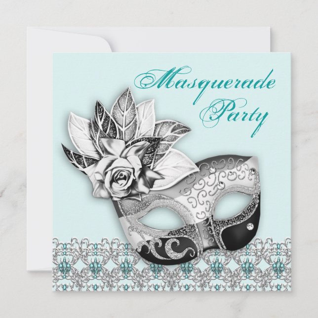 Black White Teal Blue Masquerade Party Invitations (Front)