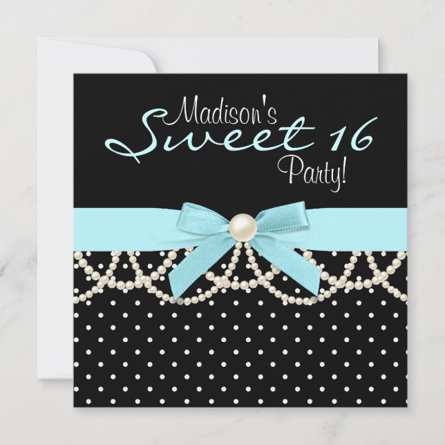 Black White Teal Blue Sweet 16 Birthday Party Invitation (Front)