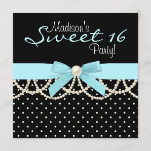 Black White Teal Blue Sweet 16 Birthday Party Invitation