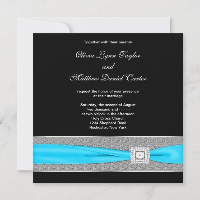 Black White Teal Blue Teal Black Wedding Invitation (Front)