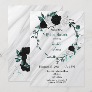 Black white teal blue wreath bridal shower invitation