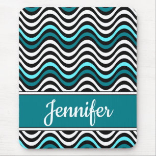 Black White Teal Bold Wavy Stripes Mouse Mat