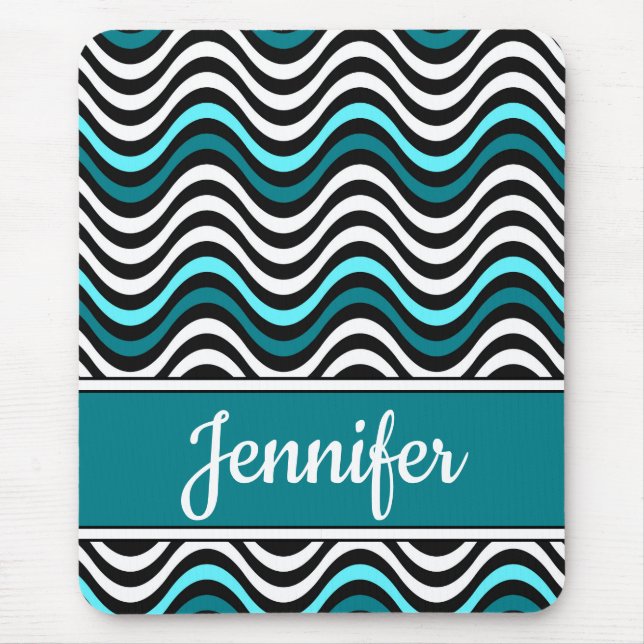 Black White Teal Bold Wavy Stripes Mouse Mat (Front)