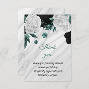 black white & teal botanical marble thank you card