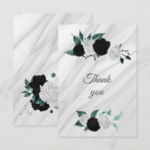 black white & teal botanical marble thank you card