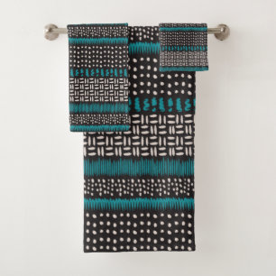 Black White Teal Dots Spots Zigzags Pattern Bath Towel Set