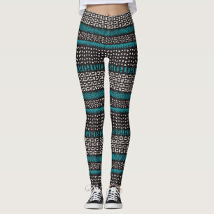 Black White Teal Dots Spots Zigzags Pattern Leggings