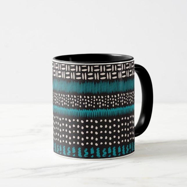 Black White Teal Dots Spots Zigzags Pattern  Mug (Front Right)