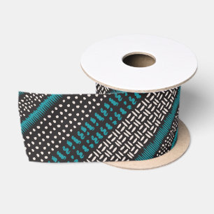 Black White Teal Dots Spots Zigzags Pattern Satin Ribbon