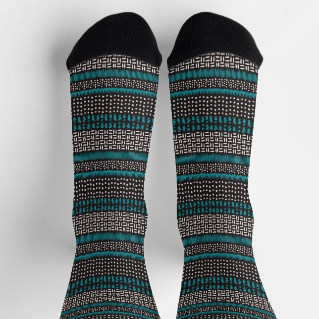 Black White Teal Dots Spots Zigzags Pattern Socks (Top)