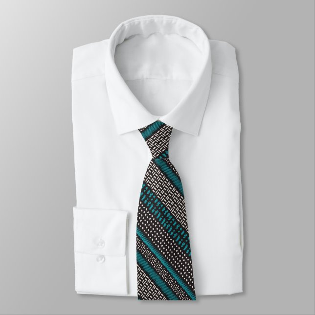 Black White Teal Dots Spots Zigzags Pattern Tie (Tied)
