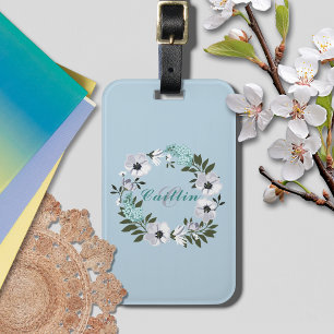 Black, White & Teal Floral Design Monogram Luggage Tag