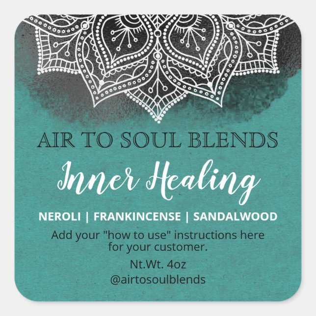 Black White Teal Mandala Healing Blend Labels (Front)