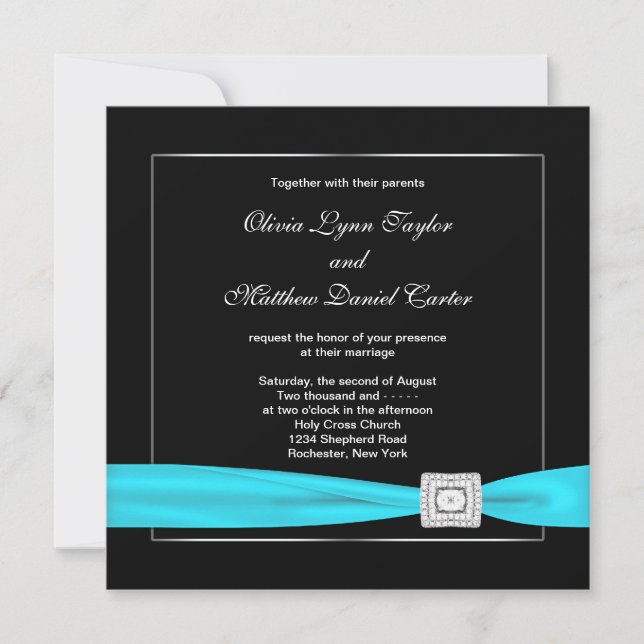 Black White Teal Silve Wedding Invitation (Front)