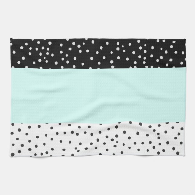 Black white teal watercolor polka dots pattern tea towel (Horizontal)