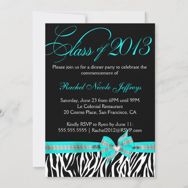 Black White Teal Zebra Graduation Invitation (Front)