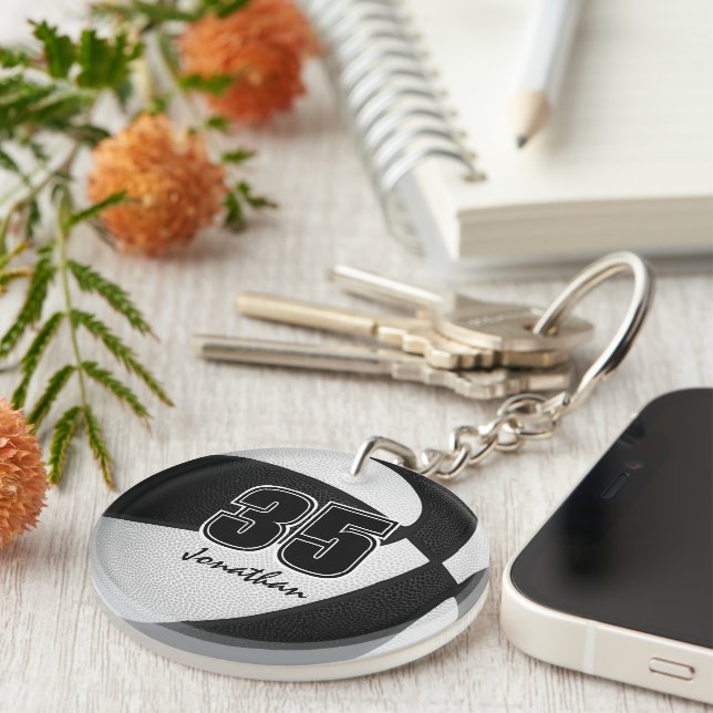 Black white team colours boys girls basketball key ring (Front Right)