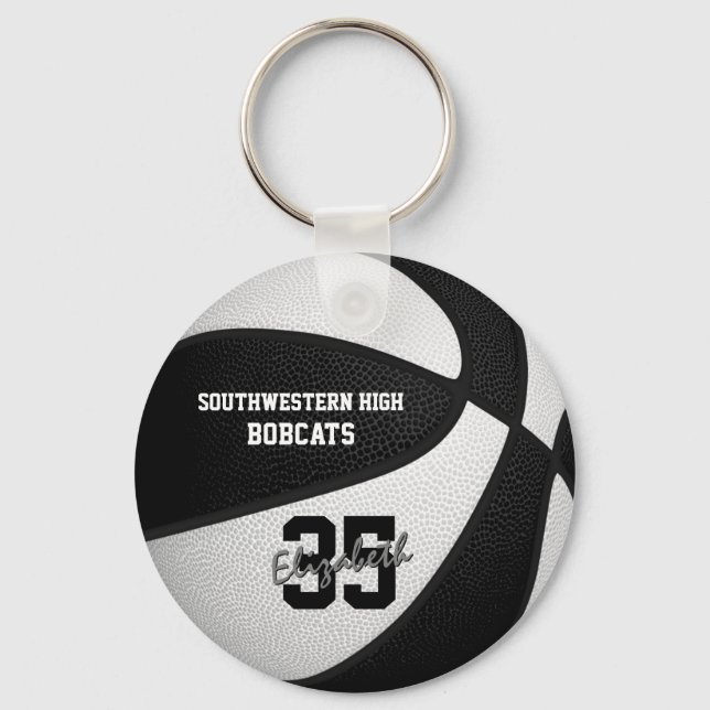 black white team colours girls boys basketball key ring (Front)
