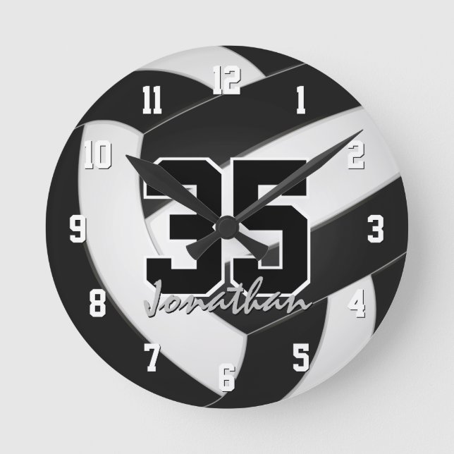 black white team colours players name volleyball round clock (Front)