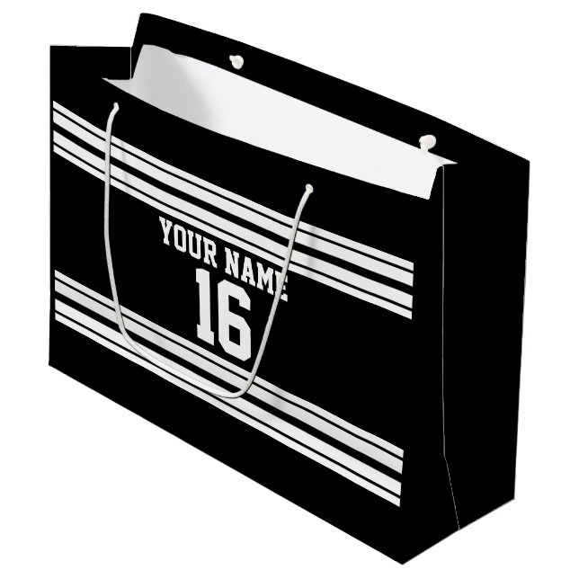 Black White Team Jersey Custom Number Name Large Gift Bag (Front Angled)
