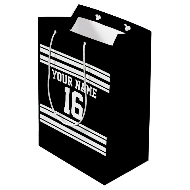 Black White Team Jersey Custom Number Name Medium Gift Bag (Back Angled)