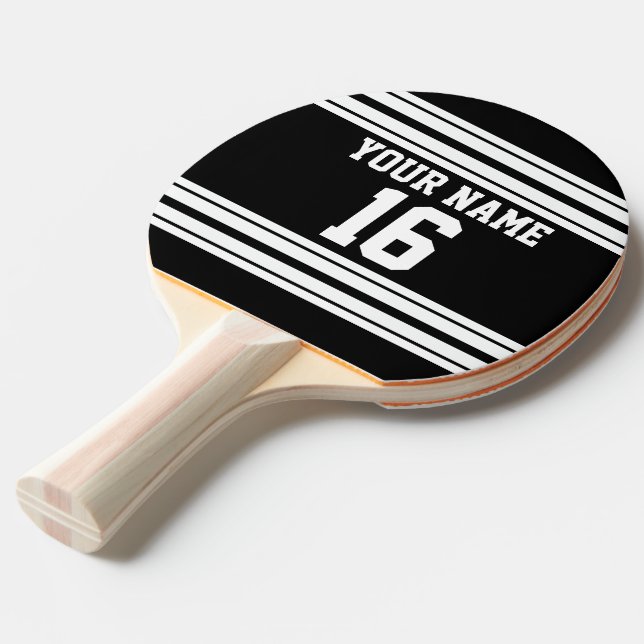 Black White Team Jersey Custom Number Name Ping Pong Paddle (Front Angle)