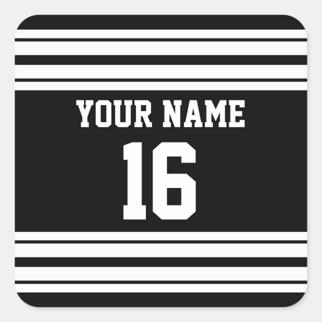 Black White Team Jersey Custom Number Name Square Sticker (Front)