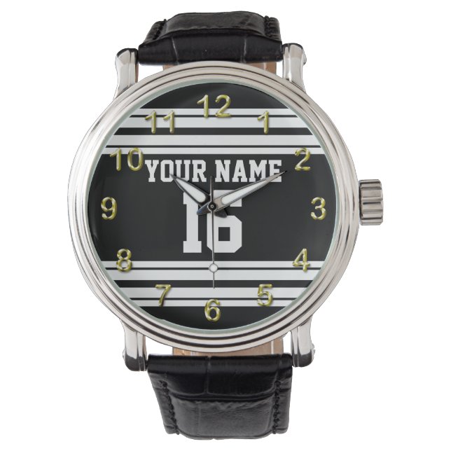 Black White Team Jersey Custom Number Name Watch (Front)