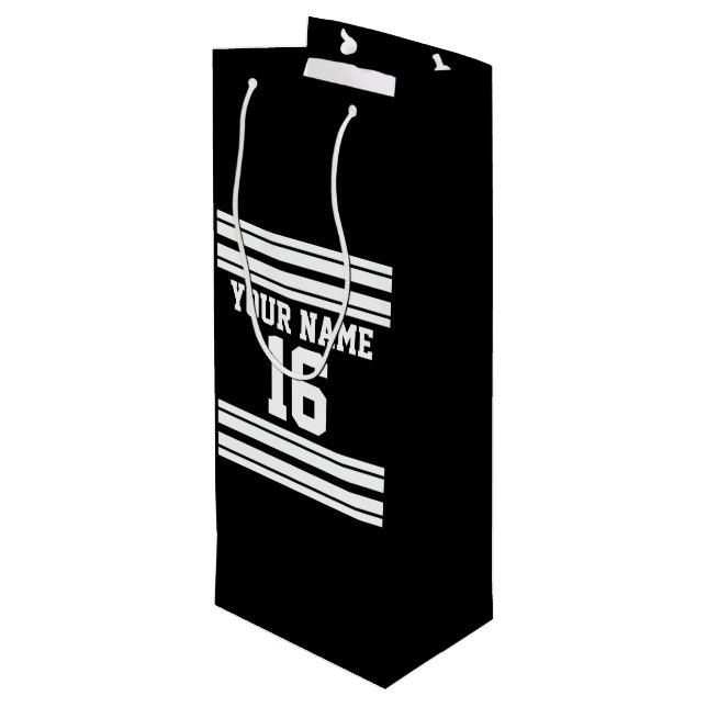 Black White Team Jersey Custom Number Name Wine Gift Bag (Back Angled)