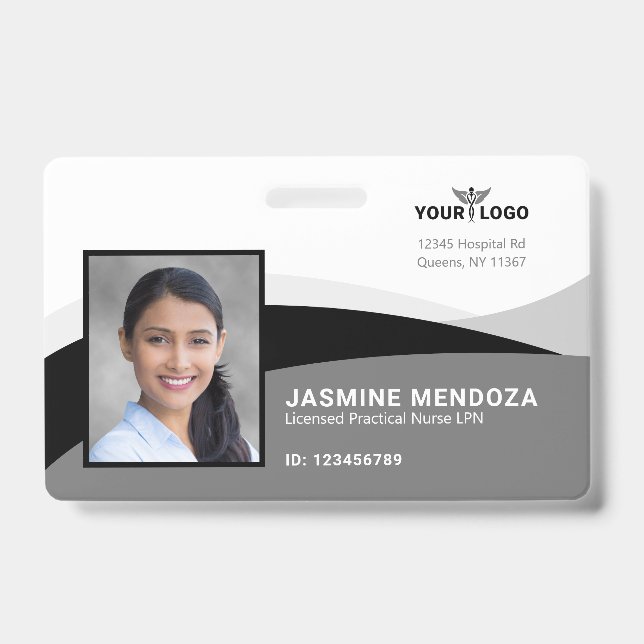 Black White Template Business Logo Photo Name ID Badge (Front)