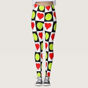 Black & White Tennis Ball & Heart Chequered Patter Leggings
