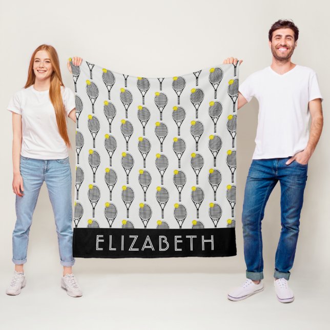 Black | White Tennis Personalised Name or Monogram Fleece Blanket (In Situ)