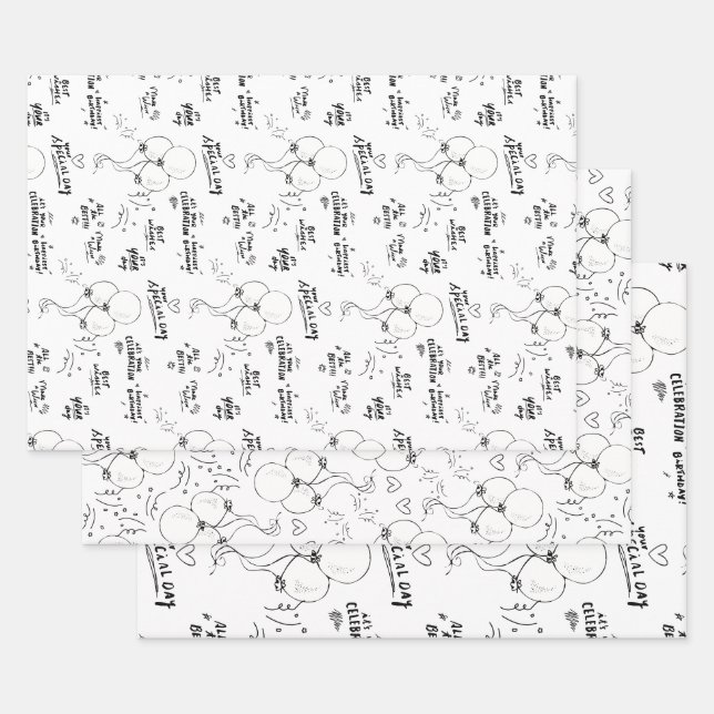 Black White Text Doodle Balloon Happy Birthday Wrapping Paper Sheet (Set)