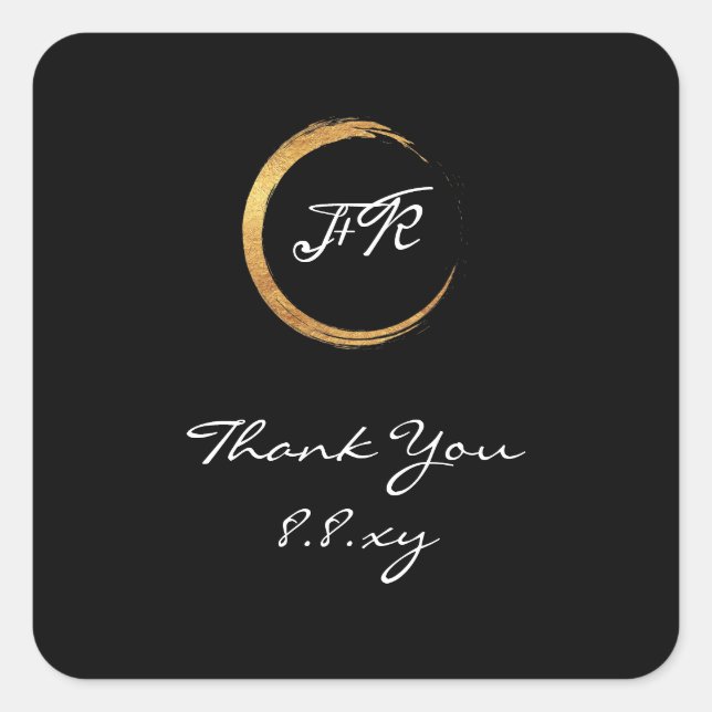 Black White Thank Monogram Gold Ring Save The Date Square Sticker (Front)