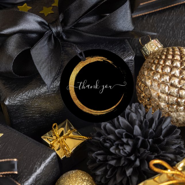 Black White Thank You Gold Frame Modern Classic Round Sticker (Creator Uploaded)