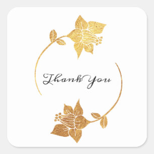 Black White Thank You Minimal Gold Floral Wreath Square Sticker