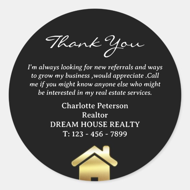  Black & White Thank You Referral Real Estate Classic Round Sticker (Front)