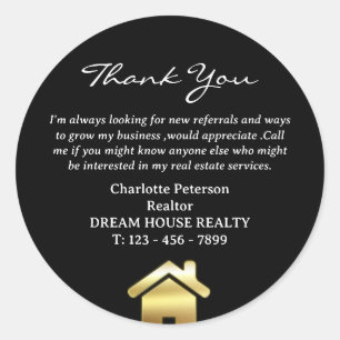  Black & White Thank You Referral Real Estate Classic Round Sticker