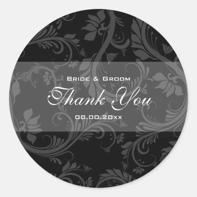 Black white "thank you" wedding classic round sticker (Front)