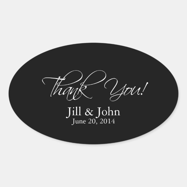 Black White Thank You Wedding Favour Sticker Oval (Front)