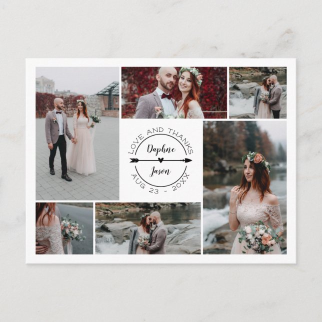 Black White Thank You Wedding Photo Collage Announcement Postcard (Front)