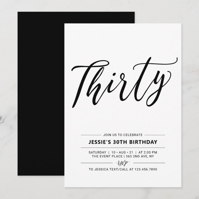 Black & White Thirty Minimal 30th Birthday Party Invitation (Front/Back)