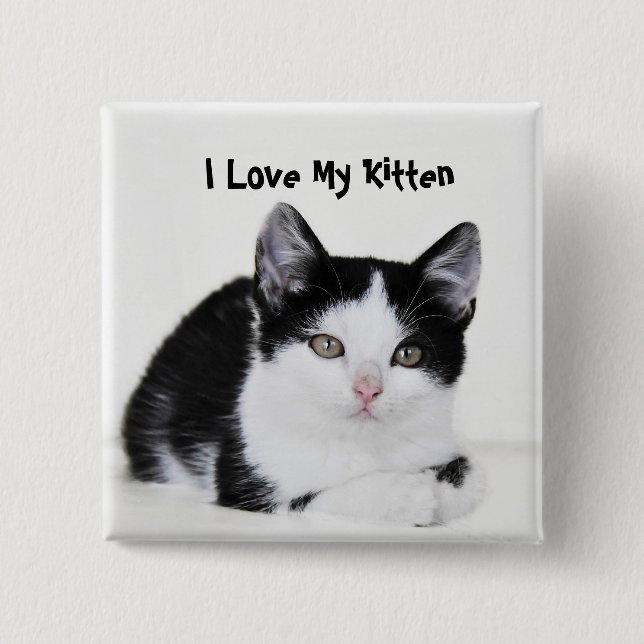 Black White Thoughtful Kitten Button (Front)