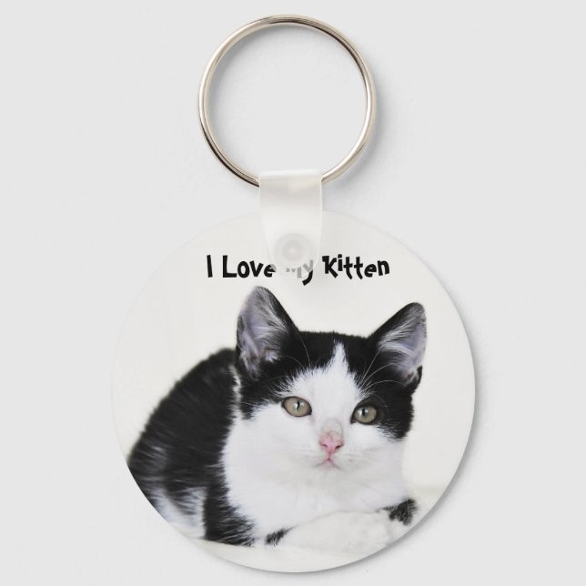 Black White Thoughtful Kitten Keychains (Front)