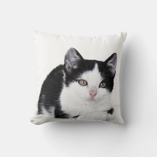 Black White Thoughtful Kitten Throw Pillow (Front)