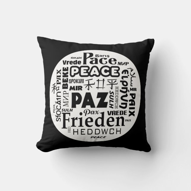 Black white throw cushion peace in multi languages (Front)